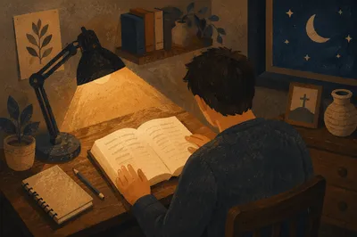Man Reading Bible by Warm Desk Lamp