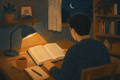 Man Reading Bible by Warm Desk Lamp