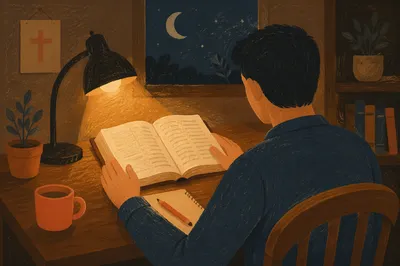 Man Reading Bible by Warm Lamp