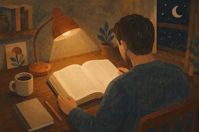 Man Reading Bible by Warm Desk Lamp