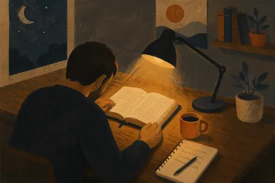 Man Reading Bible by Warm Desk Lamp