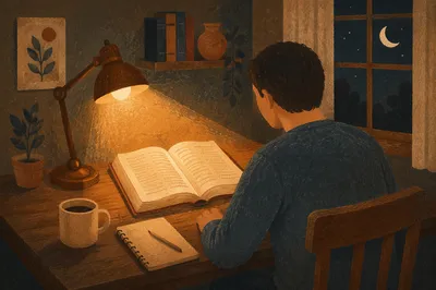Man Reading Bible by Warm Desk Lamp