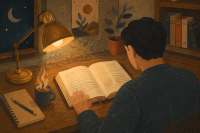 Man Reading Bible by Warm Desk Lamp
