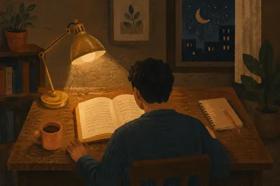 Man Reading Bible by Warm Desk Lamp