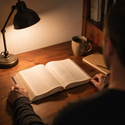 Man Reading Bible by Warm Desk Lamp