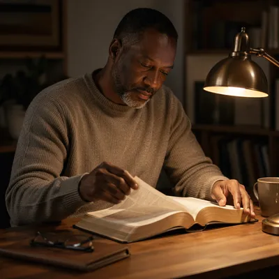 Man Reading Book by Desk Lamp