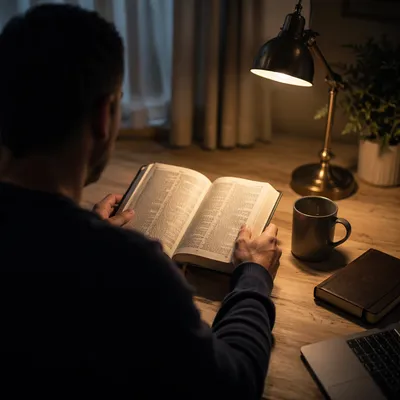 Evening Bible Study by Warm Desk Lamp
