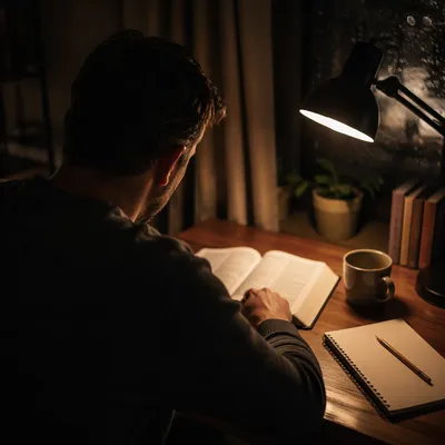 Man Reading Bible by Warm Desk Lamp