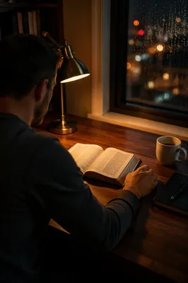 Quiet Evening Bible Study by Desk Lamp