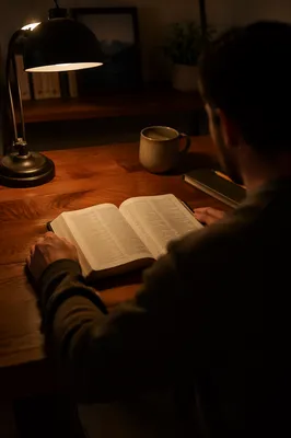 Man Reading Bible by Warm Desk Lamp