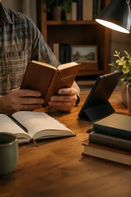 Man Reading Bible by Desk Lamp
