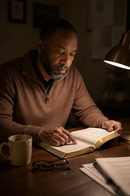 Man Reading Bible by Desk Lamp