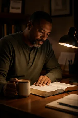 Man Reading Bible by Desk Lamp