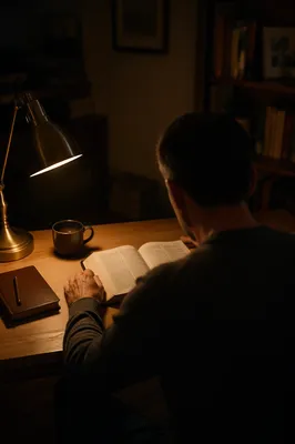 Man Reading Bible by Warm Desk Lamp