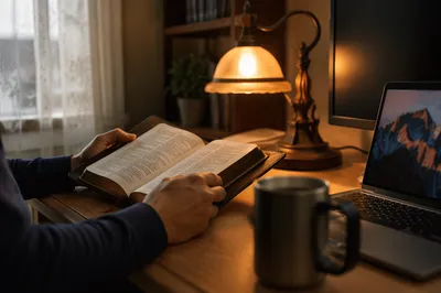Man Reading Bible by Desk Lamp
