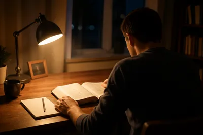 Quiet Night Bible Reading at Desk