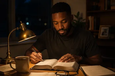 Young Man Reading Bible by Lamp