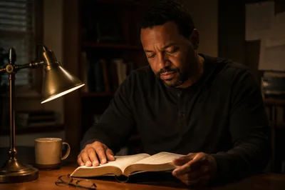 Man Reading Bible by Desk Lamp