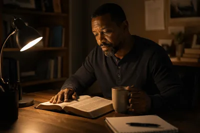 Man Reading Bible by Desk Lamp