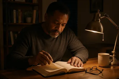 Man Reading Book by Desk Lamp