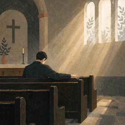 Solitary Man Praying in Quiet Chapel