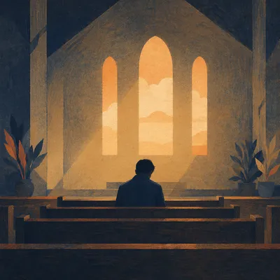 Solitary Man Praying in Quiet Chapel