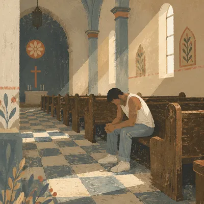 Solitary Man Praying in Old Church Pew