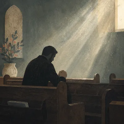 Solitary Man Praying in Quiet Chapel Pew