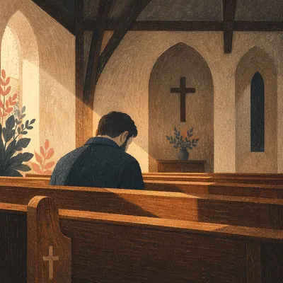 Solitary Man Bowed in Quiet Chapel