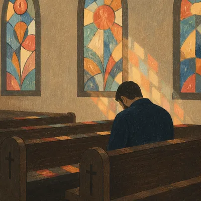 Solitary Man Bowed in Church Pew