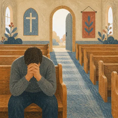 Man Praying Alone in Quiet Chapel