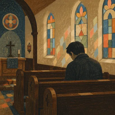 Solitary Man Praying in Historic Chapel Pew
