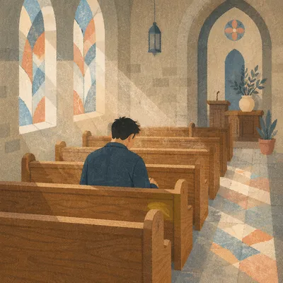 Solitary Man Praying in Church Pew