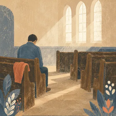 Man Bowed in Quiet Chapel Reflection