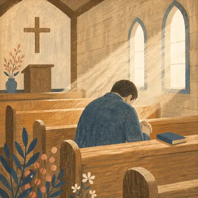 Man Praying Alone in Wooden Chapel