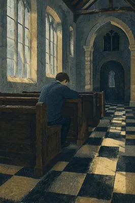 Solitary Man Praying in Historic Chapel