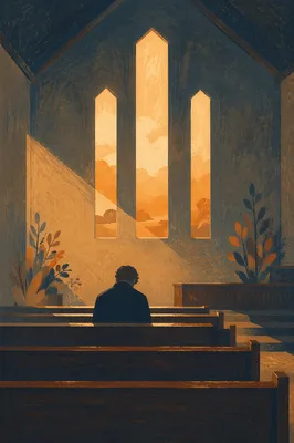 Man Praying Alone in Quiet Chapel Pew