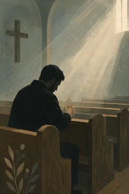 Solitary Man Praying in Quiet Chapel Pew