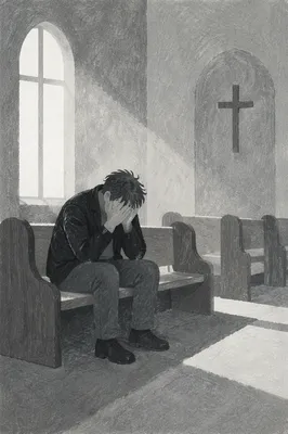 Solitary Man Praying in Quiet Chapel