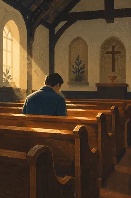 Solitary Man Praying in Quiet Chapel Pew