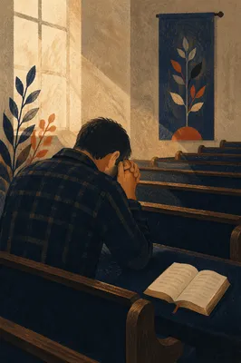 Man Praying Alone in Quiet Church Pew