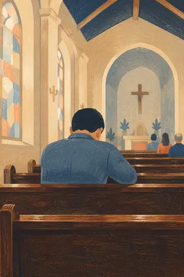 Man Praying Alone in Quiet Chapel