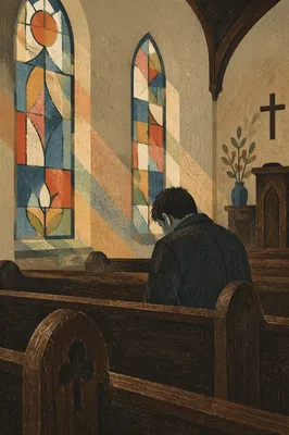 Man Praying Alone in Historic Chapel