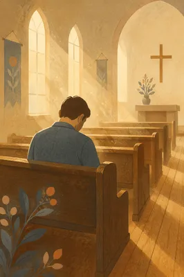 Man Praying Alone in Church Pew