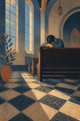 Solitary Prayer in Historic Church Pew