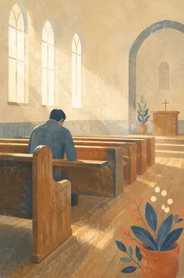 Solitary Man Praying in Quiet Chapel