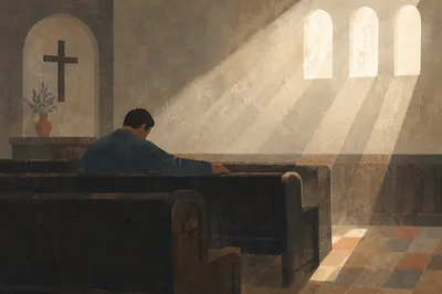 Solitary Man Praying in Shadowed Chapel Pew