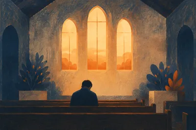 Solitary Man Praying in Quiet Chapel