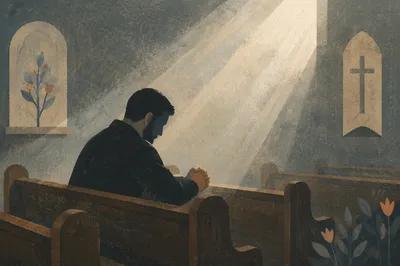 Contemplative Man Praying Alone in Chapel Pew