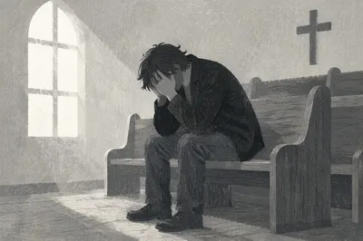 Head Bowed Alone in Church Pew